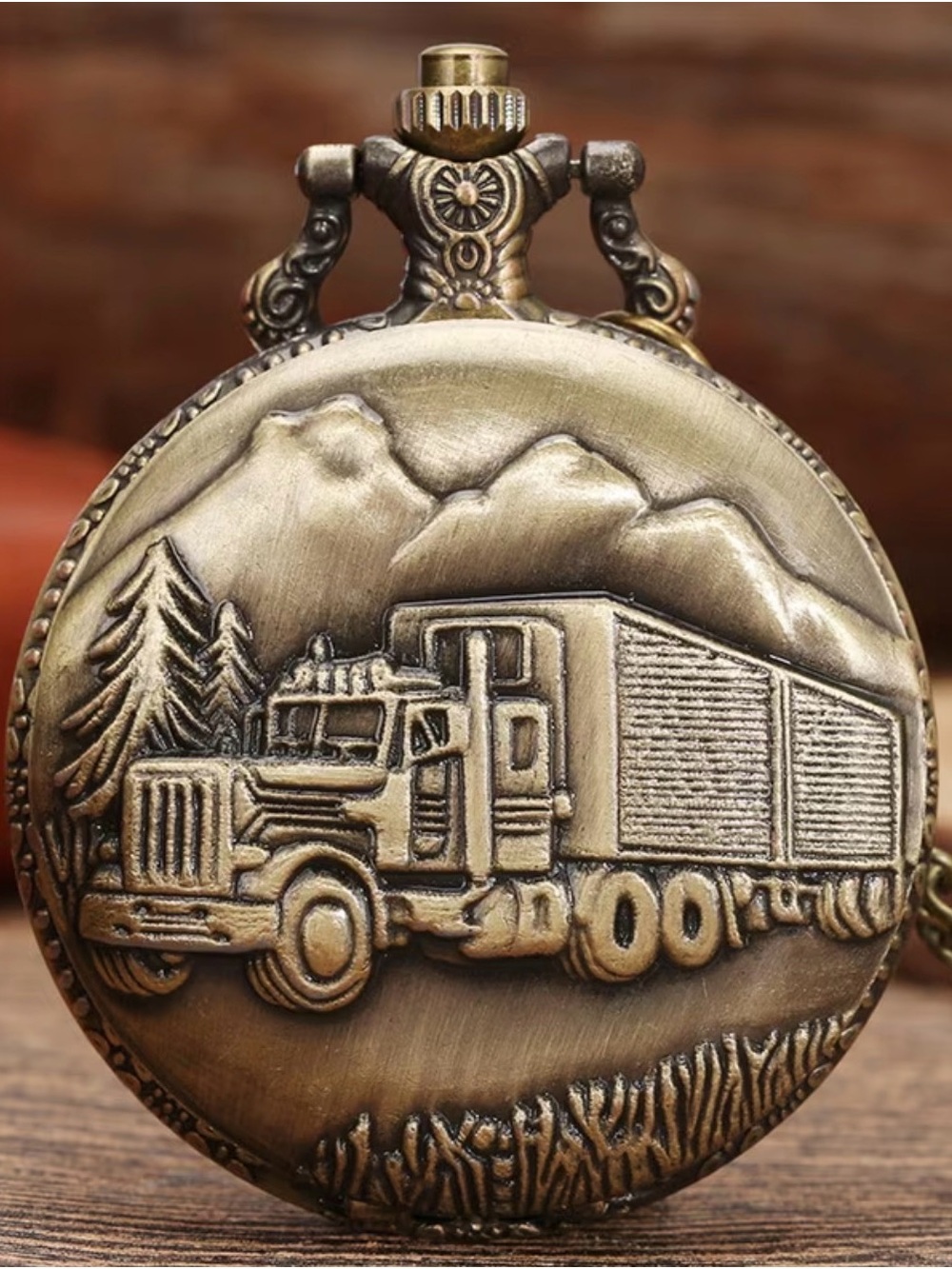 Bronze-Tone Semi Truck Relief Pocket Watch- New